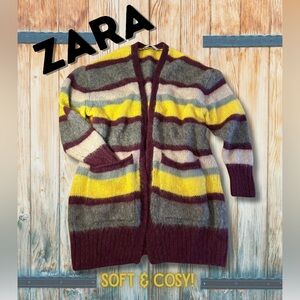 ZARA Striped Open-Front Cardigan in Maroon, Yellow, Gray & Cream VGUC. SIZE M